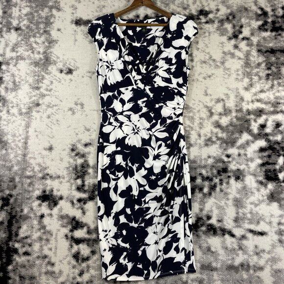 Lauren Ralph Lauren Dress Womens Size 8 Black White Floral V-Neck‎ Stretch Midi - Picture 1 of 14